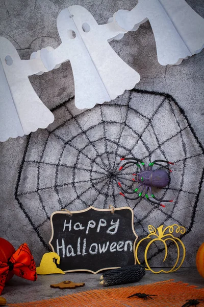 Halloween Vacances Automne Composition Citrouilles Toiles Araignée Avec Des Araignées — Photo