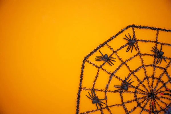 クモの巣は明るいオレンジ色の背景にあり ハロウィーンの休日のための平らなレイアウト — ストック写真