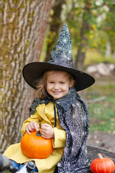 公園のウィザードの帽子の女の子 赤ちゃんは彼女の手にカボチャを持っています ハロウィーンの休日のための衣装 — ストック写真