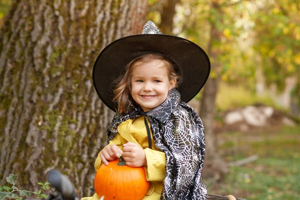 Een Klein Meisje Een Halloween Vakantie Natuur Met Fiets — Stockfoto