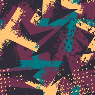 Soyut kesintisiz geometrik desen. Grunge Tekstil, kağıt ambalaj için kentsel tekrarlanan zemin. Satır öğeleri, üçgenler, oklar, nokta.