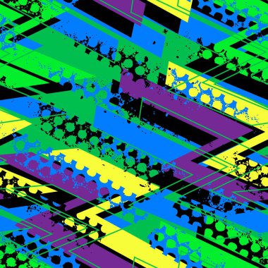 Kızlar, erkekler için giyim için soyut seamless modeli. Yaratıcı vektör arka plan ile dots, geometrik figürler, yazıtlar çizgili. Tekstil ve kumaş için komik duvar kağıdı. Moda stil. Renkli parlak.