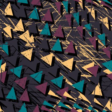 Kaotik üçgenler ile arka kesintisiz geometrik plan. Grunge doku deseninin. Kız ve erkek çocuklar için duvar kağıdı. Kentsel renkli zemin.