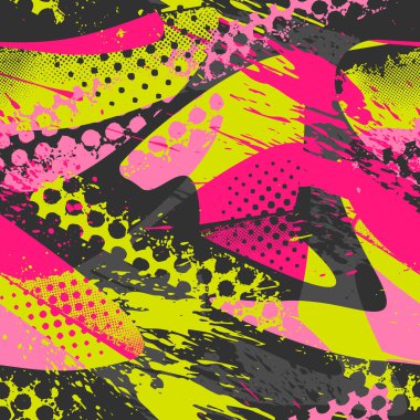Nokta, eski püskü şekil öğelerini, renkli sprey boya mürekkep ile soyut kesintisiz geometrik desen. Grunge kentsel modeli boy için kağıt ambalaj kız, spor giyim,.