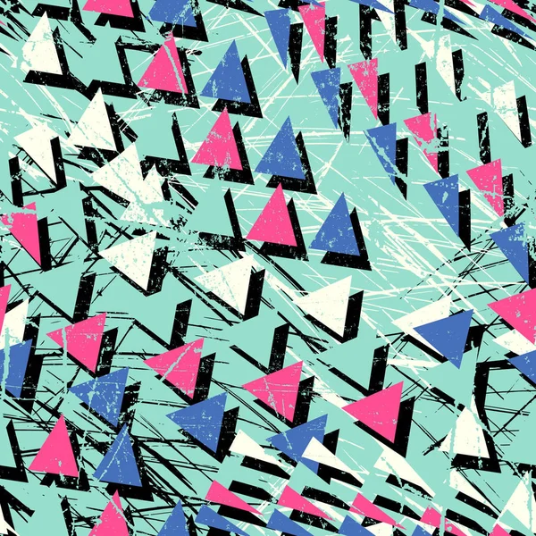 Abstrakter nahtloser geometrischer Hintergrund mit chaotischen Dreiecken. Grunge, Texturmuster. Tapete für Jungen und Mädchen. Bunte urbane Kulisse. — Stockfoto