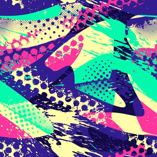 Nokta, eski püskü şekil öğelerini, renkli sprey boya mürekkep ile soyut kesintisiz geometrik desen. Grunge kentsel modeli boy için kağıt ambalaj kız, spor giyim,.