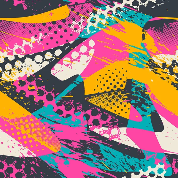 Nokta, eski püskü şekil öğelerini, renkli sprey boya mürekkep ile soyut kesintisiz geometrik desen. Grunge kentsel modeli boy için kağıt ambalaj kız, spor giyim,.