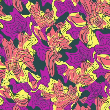 Kusursuz soyut el, benzer çiçek elementleriyle alışılmadık desenler çizmiş.