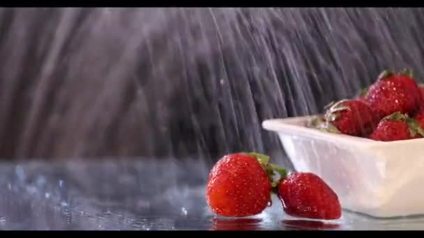 Strawberries Small White Plate Closeup Water Drops Dark Blue Background — Stock Video