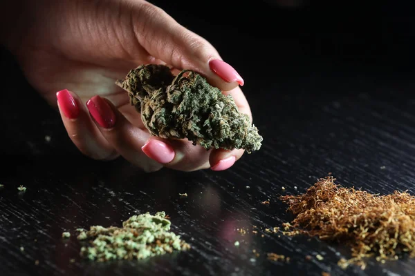 Kvinnlig Hand Som Håller Cannabis Och Tobak Mot Svart Bakgrund — Stockfoto