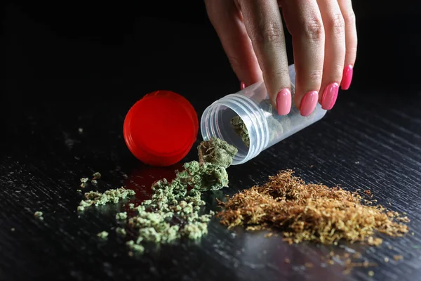 Kvinnlig Hand Med Liten Låda Full Cannabis Och Tobak Svart — Stockfoto