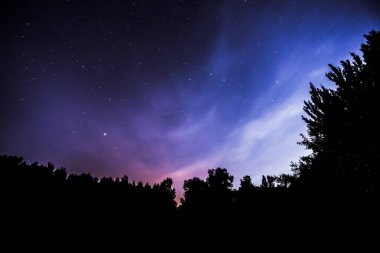 Kırsalda yıldızlı mavi ve mor bir gökyüzü manzarası.