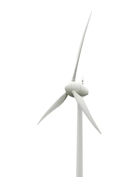 Vista Vertical Uma Grande Turbina Eólica Fundo Branco Geração Energia — Fotografia de Stock
