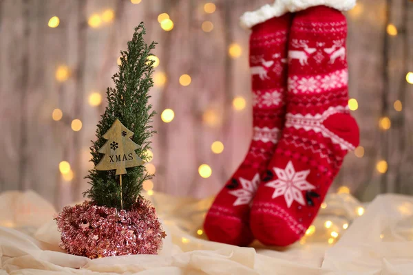Small Decorative Christmas Tree Christmas Red Socks Bokeh Background Celebration — Stock Photo, Image