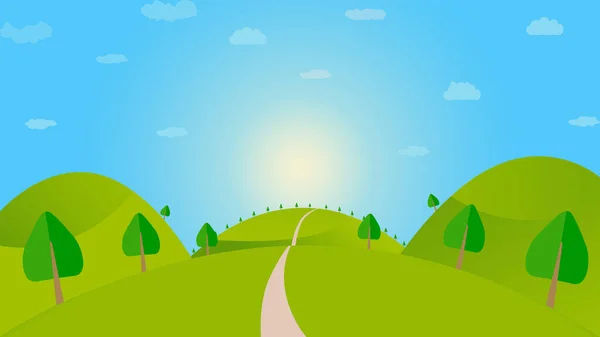 Spring Or Summer Cartoon Landscape. Illustration of a cartoon country road leading to the mountains, set against a backdrop of either spring or summer, perfect for vacation, travel, and seasonal holiday themes.