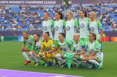 Kiev, Ukrayna 24 Mayıs, 2018: Uefa Kadınlar Şampiyonlar Ligi Vfl Wolfsburg Lyon Valeriy Lobanovskyi Dinamo Stadı nda final sırasında takım oyuncu Wolfsburg fotoğrafları