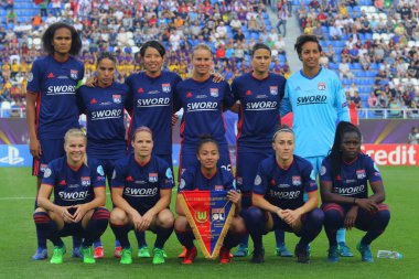 Kiev, Ukrayna - 24 Mayıs, 2018: Lyon futbolcular Uefa Kadınlar Şampiyonlar Ligi Vfl Wolfsburg - Lyon Valeriy Lobanovskyi Dinamo Stadı nda final sırasında