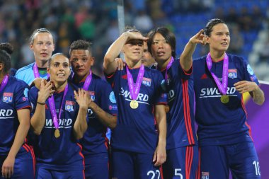 Kiev, Ukrayna 24 Mayıs, 2018: Lyon futbolcular Uefa Kadınlar Şampiyonlar Ligi Vfl Wolfsburg Lyon Valeriy Lobanovskyi Dinamo Stadı nda final sırasında zafer sevinç