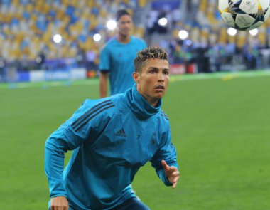 Kiev, Ukrayna 25 Mayıs, 2018: Cristiano Ronaldo çalışır bir saat son maçında Uefa Şampiyonlar Ligi