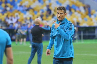 Kiev, Ukrayna 25 Mayıs, 2018: Cristiano Ronaldo çalışır bir saat son maçında Uefa Şampiyonlar Ligi