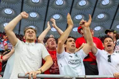 Kiev, Ukrayna - 26 Mayıs, 2018: Fc Liverpool İngiliz hayranları sırasında final Uefa Şampiyonlar Ligi Liverpool ve Olimpiyskiy ulusal spor kompleksi, Real Madrid arasındaki maç