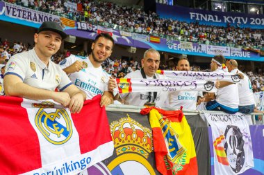 Kiev, Ukrayna - 26 Mayıs, 2018: final sırasında İspanyol taraftarları maç Liverpool ve Olimpiyskiy ulusal spor kompleksi, Real Madrid arasındaki Uefa Şampiyonlar Ligi