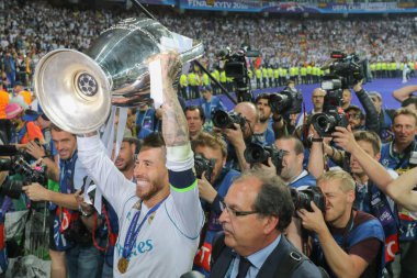 Kiev, Ukrayna 26 Mayıs, 2018: için çalış ve her iki gerçek Madrid Sergio Ramos finali sırasında Kaptan İspanyol profesyonel futbolcu maç Liverpool ve Real Madrid arasındaki Uefa Şampiyonlar Ligi