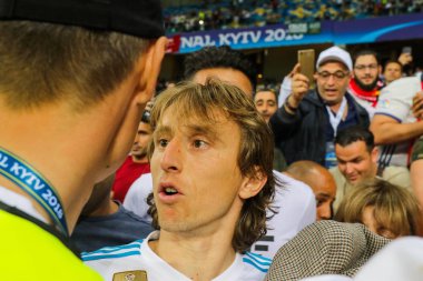 Kiev, Ukrayna - 26 Mayıs, 2018: Hırvat milli futbolcu Luka Modric sırasında final Uefa Şampiyonlar Ligi Liverpool ve Olimpiyskiy ulusal spor kompleksi, Real Madrid arasındaki maç