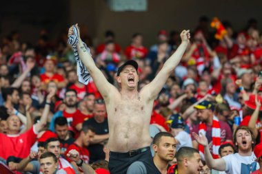 Kiev, Ukrayna - 26 Mayıs, 2018: Fc Liverpool İngiliz hayranları sırasında final Uefa Şampiyonlar Ligi Liverpool ve Olimpiyskiy ulusal spor kompleksi, Real Madrid arasındaki maç