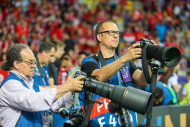 Kiev, Ukrayna - 26 Mayıs, 2018: fotoğrafçılar sırasında final Uefa Şampiyonlar Ligi Liverpool ve Olimpiyskiy ulusal spor kompleksi, Real Madrid arasındaki maç