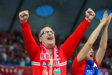 Kiev, Ukrayna - 26 Mayıs, 2018: Fc Liverpool İngiliz hayranları sırasında final Uefa Şampiyonlar Ligi Liverpool ve Olimpiyskiy ulusal spor kompleksi, Real Madrid arasındaki maç