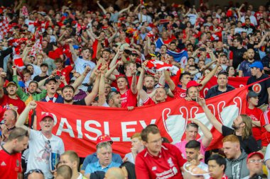 Kiev, Ukrayna - 26 Mayıs, 2018: Fc Liverpool İngiliz hayranları sırasında final Uefa Şampiyonlar Ligi Liverpool ve Olimpiyskiy ulusal spor kompleksi, Real Madrid arasındaki maç