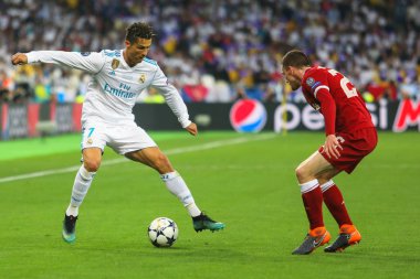 Kiev, Ukrayna 26 Mayıs, 2018: İspanyol kulübü Real Madrid ve Portekiz Cristiano Ronaldo sırasında final Uefa Şampiyonlar Ligi Liverpool ve Real Madrid arasındaki maç olarak ilet oynayan Portekizli futbolcu