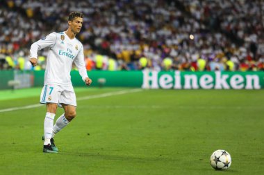 Kiev, Ukrayna 26 Mayıs, 2018: İspanyol kulübü Real Madrid ve Portekiz Cristiano Ronaldo sırasında final Uefa Şampiyonlar Ligi Liverpool ve Real Madrid arasındaki maç olarak ilet oynayan Portekizli futbolcu