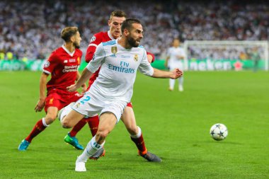 Kiev, Ukrayna - 26 Mayıs, 2018: İspanyol profesyonel futbolcu Dani Carvajal sırasında final Uefa Şampiyonlar Ligi Liverpool ve Olimpiyskiy ulusal spor kompleksi, Real Madrid arasındaki maç
