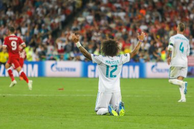 Kiev, Ukrayna - 26 Mayıs, 2018: Brezilyalı profesyonel futbolcu Marcelo sırasında final Uefa Şampiyonlar Ligi Liverpool ve Olimpiyskiy ulusal spor kompleksi, Real Madrid arasındaki maç