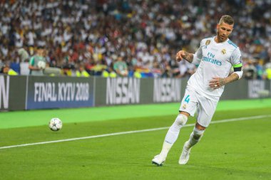 Kiev, Ukrayna 26 Mayıs, 2018: için çalış ve her iki gerçek Madrid Sergio Ramos finali sırasında Kaptan İspanyol profesyonel futbolcu maç Liverpool ve Real Madrid arasındaki Uefa Şampiyonlar Ligi
