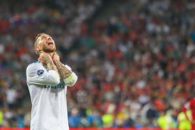 Kiev, Ukrayna 26 Mayıs, 2018: için çalış ve her iki gerçek Madrid Sergio Ramos finali sırasında Kaptan İspanyol profesyonel futbolcu maç Liverpool ve Real Madrid arasındaki Uefa Şampiyonlar Ligi