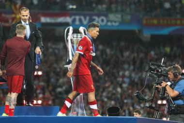 Kiev, Ukrayna - 26 Mayıs, 2018: Brezilyalı profesyonel futbolcu Roberto Firmino sırasında final Uefa Şampiyonlar Ligi Liverpool ve Olimpiyskiy ulusal spor kompleksi, Real Madrid arasındaki maç