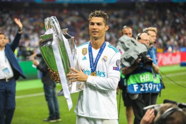 Kiev, Ukrayna 26 Mayıs, 2018: İspanyol kulübü Real Madrid ve Portekiz Cristiano Ronaldo sırasında final Uefa Şampiyonlar Ligi Liverpool ve Real Madrid arasındaki maç olarak ilet oynayan Portekizli futbolcu