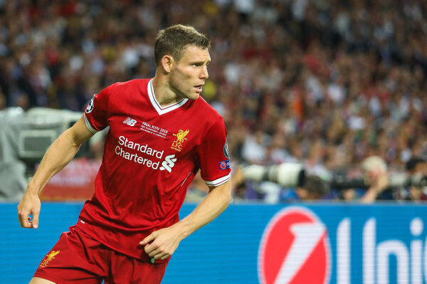 KYIV, UKRAINE  - 26 MAY, 2018: English professional footballer James Milner during the final match UEFA Champions League between Liverpool and Real Madrid at Olimpiyskiy National Sports Complex