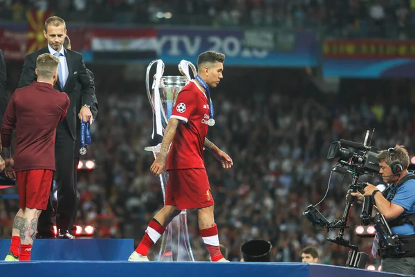 Kiev, Ukrayna - 26 Mayıs, 2018: Brezilyalı profesyonel futbolcu Roberto Firmino sırasında final Uefa Şampiyonlar Ligi Liverpool ve Olimpiyskiy ulusal spor kompleksi, Real Madrid arasındaki maç