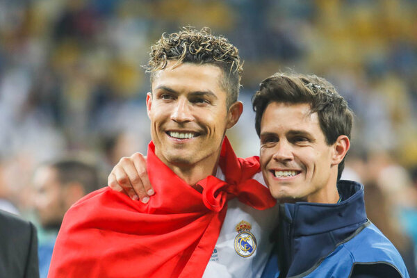 КИЕВ, УКРАИНА 26 МАЯ 2018: Португальский профессиональный футболист, выступающий за испанский клуб "Реал Мадрид" и португальский "Криштиану Роналду" во время финального матча Лиги чемпионов УЕФА между "Ливерпулем" и "Реал Мадрид"
