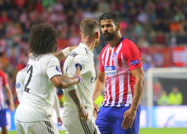 Tallinn, Estonya - 15 Ağustos 2018: Profesyonel futbolcu Diego Costa maç sırasında 2018 Uefa Süper Kupası Real Madrid - Atletico A. Le Coq Arena Stadyumu'nda