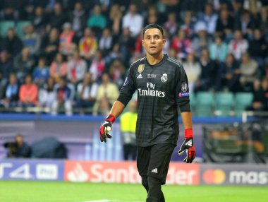 Tallinn, Estonya - 15 Ağustos 2018: Kosta Rika profesyonel futbolcu Keylor Navas maç sırasında 2018 Uefa Süper Kupası Real Madrid - Atletico A. Le Coq Arena Stadyumu'nda
