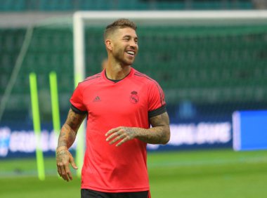 Tallinn, Estonya - 15 Ağustos 2018: İspanyol profesyonel futbolcu Sergio Ramos maç sırasında 2018 Uefa Süper Kupası Real Madrid - Atletico A. Le Coq Arena Stadyumu'nda