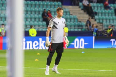 Tallinn, Estonya - 15 Ağustos 2018: Ukraynalı futbolcu Andriy Lunin maç sırasında 2018 Uefa Süper Kupası Real Madrid - Atletico A. Le Coq Arena Stadyumu'nda
