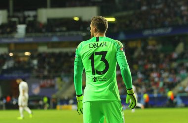 Tallinn, Estonya - 15 Ağustos 2018: Sloven Milli futbolcu Jan Oblak maç sırasında 2018 Uefa Süper Kupası Real Madrid - Atletico A. Le Coq Arena Stadyumu'nda