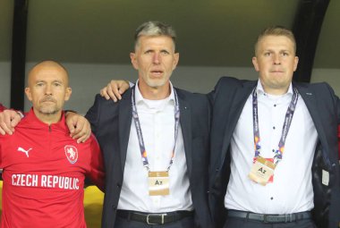 Kharkiv, Ukrayna - 16 Ekim 2018: Çek futbol yöneticisi Jaroslav Silhavy sırasında Uefa Ligi maç Ukrayna - Metalist Stadı nda Çek Cumhuriyeti