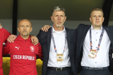 Kharkiv, Ukrayna - 16 Ekim 2018: Çek futbol yöneticisi Jaroslav Silhavy sırasında Uefa Ligi maç Ukrayna - Metalist Stadı nda Çek Cumhuriyeti